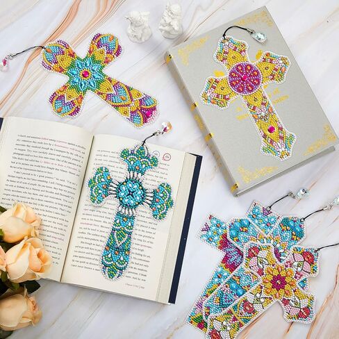 Ireer 6 Pcs Cross 5D Diamond Art Kit for Adult DIY Painting Kit Religious Crystal Cross Diamond Bookmarks for Reading Lover Home Office School Project Read DIY Crafts Gifts, 6 Styles in Saudi Arabia