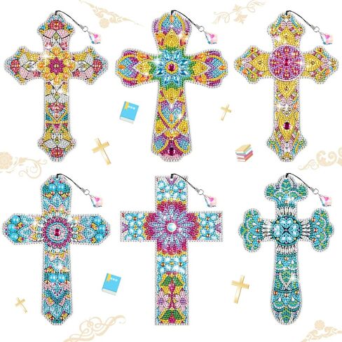 Ireer 6 Pcs Cross 5D Diamond Art Kit for Adult DIY Painting Kit Religious Crystal Cross Diamond Bookmarks for Reading Lover Home Office School Project Read DIY Crafts Gifts, 6 Styles in Saudi Arabia