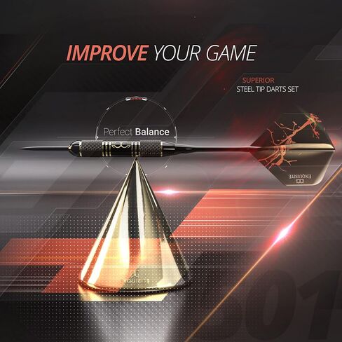 مجموعة سهام ذات أطراف فولاذية احترافية - 6 × 22 جرامًا من البراميل النحاسية مع 12 رحلة قياسية/رفيعة، 12 عمودًا من الألومنيوم 35/48 مم، 12 حلقة دائرية، أداة رمي السهام، مبراة وحقيبة (أسود وذهبي) in Kuwait