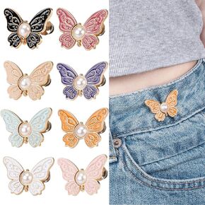8 Sets Pant Waist Tightener, Detachable Butterfly Jean Buttons Pant Waist Tightener for Loose Jeans, Adjustable Waist Buckle Sets No Sew and No Tools Decorative Waist Buckles, Jean Buttons Pins