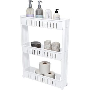Simplify 3 Tier Slim Side Out Storage Cart | Multi-Purpose Organization | Rolling | Wheels | Fits Small Spaces | Laundry Room | Kitchen | Office | White