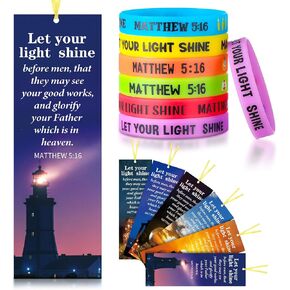 120 Pcs Let Your Light Shine Wristbands Religious Bookmarks Christian Gift Set, Include 60 Matthew 5:16 Silicone Wristband 60 Bible Verse Bookmark for Easter Church Sunday School