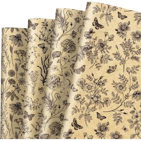 AnyDesign 12 Sheets Floral Kraft Wrapping Paper Spring Flower Butterfly Gift Wrap Paper Bulk Folded Flat 4 Designs Brown DIY Craft Art Paper for Party Wrapping Supplies, 19.7 x 27.6 Inch