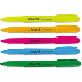 Universal Pocket Highlighters, Assorted Ink Colors, Chisel Tip, Assorted Barrel Colors, 5/Set