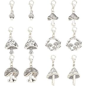 30 Pcs 6 Styles Mushroom Zipper Pull Charms, Tibetan Style Alloy Zipper Pendant Antique Silver Platinum Pull Zipper Pull for Bag Luggage