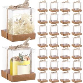 Cunno 36 Set 3.5 x 3.5 x 4.3 in Transparent Candle Gift Box Packaging Box 4-18 oz Tealight Candle Holders Bulk Paper Bottom Cover with Ribbon Box for Christmas Wedding Baby Shower Party(Kraft Color)