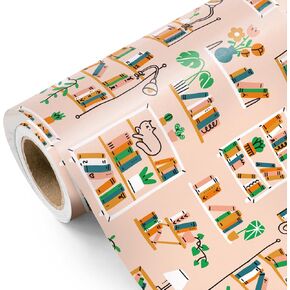 WRAPAHOLIC New Home Wrapping Paper Roll - Mini Roll - 17 Inch x 9.8 Feet - Bookshelf Cat Design, Perfect for Birthday, Warm House Gift Wrap, Book Lover
