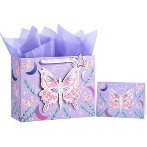 WRAPAHOLIC 13" Large Gift Bag with Card and Tissue Paper - Purple Butterfly Design for Birthday, Mother's day, Baby Shower, Valentines Day