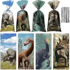 100 Pcs Dinosaur Party Favor Bags Dinosaur Plastic Cellophane Bags with Ties for Kid Birthday Party Favor Supplies