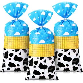 Dispowreath 100 Pcs Cartoon Story Cellophane Goodie Bags,Blue Sky and White Cloud Cow Treat Candy Gift Bags with 150 Pieces Twist Ties for Western Cowboy Cowgirl Birthday Party Favor Supplies