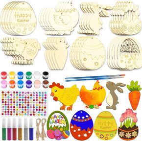 KITRDOOR Easter Wooden Painting Craft Kit, 40Pcs Unfinished Easter Wooden Ornaments, DIY Wood Cutouts Egg Bunny Chick Tulip Ornaments Craft Kits for Kids Spring Party Hanging Decorations
