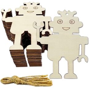 30 Pieces Unfinished Robot Wood DIY Crafts Cutouts Wooden Robot Shaped Hanging Ornaments with Hole Hemp Ropes Gift Tags for Home Party Decoration Craft Project
