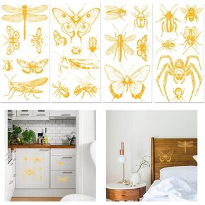 GLOBLELAND 4 Sheets Golden Butterfly and Dragonfly Rub on Transfer for Furniture 11.8x5.9inch Insect Moth Decor Rub on Transfer Self Adhesive Decals Butterfly Stickers for Home Decor