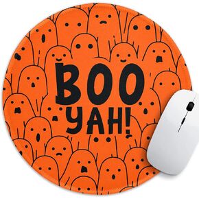 Funny Halloween Round Mouse Pad，Boo Yah Mouse Pad，8.7 inch Stitched Edge Non-Slip Rubber Base，Home Office Decor Desk Accessories, Work Gifts for Sister Friend，for Coworker Leader Boss Work Gifts