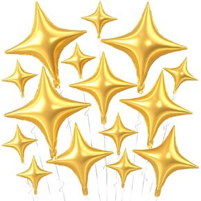 Gold Star Balloons,15Pcs Gold Star Foil Balloons,26/18/10 Inch Quadrangle Star Helium Mylar Balloons for Graduation Wedding Birthday Prom Anniversary Baby Shower Party Decorations