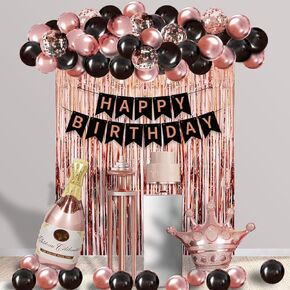 Rose Gold and Black Birthday Balloon Decorations, Black and Rose Gold Balloons Garland Arch Kit With Champagne Crown Foil Balloons for Women 16th 21st 30th 40th 50th