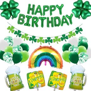 St Patricks Day Birthday Decorations with St Patricks Day Happy Birthday Banner Shamrock Garland St. Patrick's Day Foil Balloon for Saint Patricks Day Birthday Party Supplies