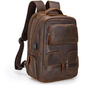 STAR VISTA 15.6" Raphael Vintage Full Grain Leather Laptop Backpack for Men, Multi Pockets, Casual Outdoor Business Travel Rucksack, YKK Zippers, Dark Brown