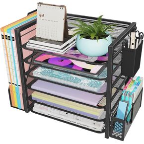 Simple Trending 6 Tier Desk File Organizer, Paper Letter Tray Organizer with File Holder and Pen Container, Black