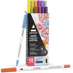 Arteza Dual Tip Brush Abens ، 12 Tones Vintage ، علامات الخط المائي ، وفرشاة نايلون ونصيحة دقيقة ، والحبر القائم على الماء ، للحصول على توضيح ، حروف