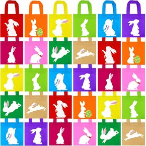 Elcoho 30 Pieces Easter Non-woven Bunny Bags with Handles 8×8 Inch Easter Treat Bag Bulk Goodie Gift Bags for Easter Party Favors