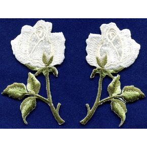 White Roses Pair Flowers Floral Retro Boho Hippie Embroidered Appliques Iron-ons Patches New Measures 2.13 inches Wide by 2.88 inches Tall.