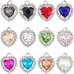 SUNNYCLUE 1 Box 24Pcs Rhinestone Heart Charms Cubic Zirconia Colorful Birthstone Charms Micro Pave Crystal Rhinestone Charm Love Valentine's Day Charm for Jewelry Making Charms DIY Craft Supplies