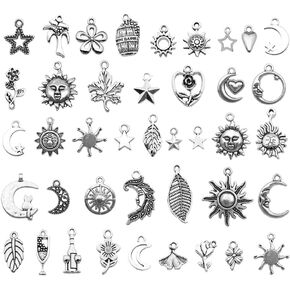 44 pieces of vintage alloy sun, moon and star amulets, used for making bracelets, earrings, DIY handicrafts and jewelr production