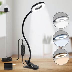 LQWELL® LED Desk Lamp Clip-on Ring Reading Light, 3 Color Temperatures, 10 Brightness Levels & Stepless Dimming, 360° Flexible Clamp Table Lights for Home Office (Neck Length 70CM)