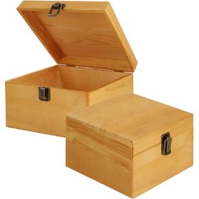 DAJAVE 2 Pack Vintage Unfinished Wooden Box with Hinged Lid and Front Clasp, Unfinished Wooden Box Pine Wood Box DIY Craft Stash Boxes for Arts Hobbies and Home Storage 7.1x7.1 x 4.7 Inch
