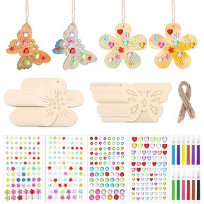 Molain 40PCS Wooden Spring Ornaments to Paint, DIY Blank Unfinished Wood Cutouts Ornament for Home Crafts Hanging Decorations, with Colored Pens and Gemstone Stickers