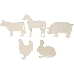 Craft Supply Farm Animals Unpainted Wood Cutout Shapes - 5 Mini Pieces - Rabbit, Cow, Pig, Chicken, Horse, Multi