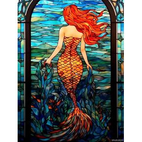 UPABLUNSO Diamond Painting Kits Beautiful Art Mermaid Stained Glass, 5D DIY Crafts for Adults Diamond Art Kits, Full Drill Round Gem Painting Kit Paint with Diamonds Dots, Mermaids Gifts 12x16 inch