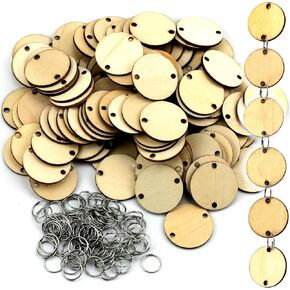100 Pcs 1.2 Inch Round Wooden Discs with Holes Wooden Circles Tags with Holes Birthday Board Tags with 100 Pcs 10mm Rings for Art Craft Chore Boards Valentine Party Christmas Ornaments Decoration