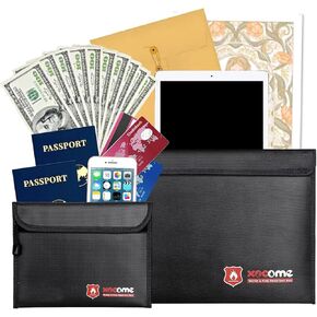 2 Pcs Fireproof Document Bags, File Storage Organizer Bag 15 x 11in/9 x 7 in Set Non-Itchy Silicone Coated Fire Resistant Bag for File Cash Jewelry Money and Valuables
