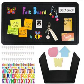 Foldable Bulletin Felt Board, 36'' x 18'' Decorative Picture Framed Display Board with 50 Pins & Sticky Notes & Letter Stickers for School, Home, Kitchen & Office Walls (Black)