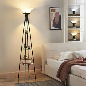 Floor Lamp with Shelves, 69" Tall Industrial Floor Lamps for Living Room, 3-Tier Glass Shelf Lamp, Black Standing Lamp with Plastic Shade, Lamps for Bedroom, Office, 3 Color Temperatures Bulb Include