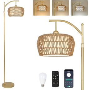 Arc Floor Lamp with Remote, Dimmable Rattan Floor Lamp with LED Bulb, Boho Farmhouse Tall Pole Lamp with Rattan & Fabric Shades, Modern Black Standing Lamps for Living Room Bedroom Nursery