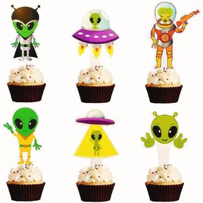 24pcs Funny Alien Cupcake Topper for Kids Out Space Theme Party Supplies. ET UFO Spaceship Invaders Gun Cake Decoration.