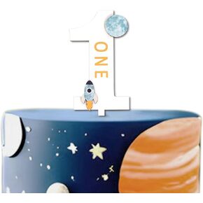 Space Cake Topper - Outer Space Planet Rocket Cake Decorations,Happy Birthday One Cake Toppers,Galaxy Spaceship Themed First Birthday Party Supplies (space 1 topper)