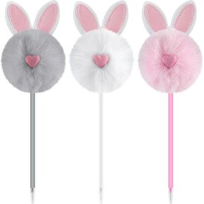 Zuazaor 3 Pieces Easter Fuzzy Pens Funny Rabbit Pens Pom Pom Ballpoint Pen Fluffy Bunny Pompoms Plastic Rollerball for Women Party Supplies Valentines Wedding Easter Day Gift Favors (Rabbit)