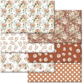6Pcs Boho Cotton Fabric Bundles Retro Floral Dot Fat Quarters Brown White Flower Sewing Fabrics for DIY Crafts Party Decor