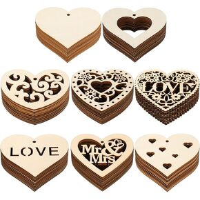 Yookeer 80 Pieces Wooden Hearts for Crafts Valentine's Day Hanging Ornaments 3.15 Inches Unfinished Wood Cutouts DIY Blank Heart Shape Slice with Rope for Valentines Day Decoration