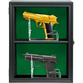 Single Handgun Pistol Revolver Gun Display Case Wall Mount Lockable Black Felt Wood Cabinet w/ 98% UV Protection Acrylic Clear Door Gun Shadow Box Stand Rack Holder