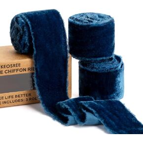 Dusty Blue Velvet Ribbon,Blue Handmade Frayed Fabric Ribbon for Wreaths Bridal Flower Bouquet Christmas Gift Wrapping Wedding Decor Invitations Decorations 1.5" x 4.5Yards (1.5Yards X 3 Rolls)