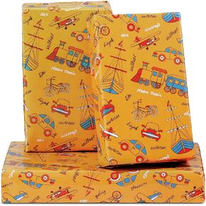 Pineraap 8 Sheets Car Wrapping paper - Sailboat Train Pattern Yellow Gift Wrap for Boys, Kids - Assorted Transportation Vehicle Designs - 27.6 x 19.7 inches for Birthdays, DIY Crafts