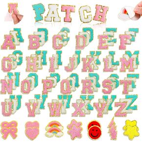 Chenille Letter Patches Self Adhesive for DIY Clothings, 92pcs Varsity Letter Patches Sticker, Cute Star Lightning Heart Rainbow Chenille Patch Stickers for Hats Backpacks Jackets ﻿