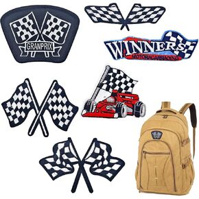 6PCS Checkered Racing Flag Patches, Flag Embroidery Iron on Patches Auto Car Racing Applique Jean Jacket Biker Motorcycle Winner Sponsored