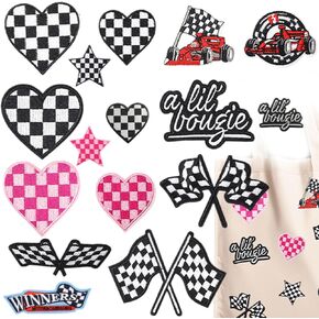 14PCS Checkered Heart & Star Western Iron on Patches Set, Patches Hat Black & White Embroidered Sew on Patch Applique Embellishments for Clothes Bags Jeans