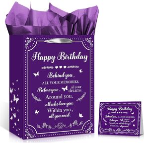 Purple Butterfly Birthday Gift Bag for Girls Women, Large Happy Birthday Wrapping Paper Bag with Greeting Card and Tissue Paper for Her Anniversary Birthday Party Gift Wrap Bag Decorations Supplies